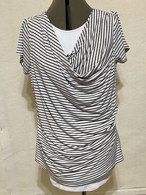 Worthington Black & White Striped Draped Short Sleeve Top